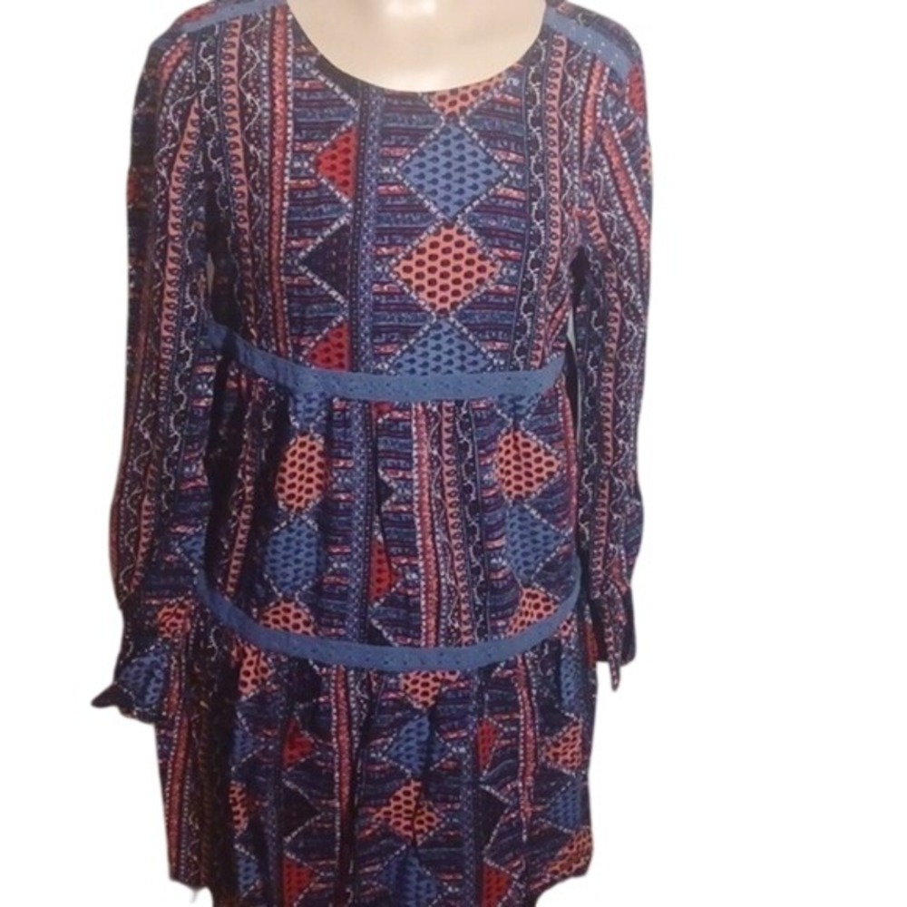Roxy Mini Dress Sz Med Blue Geometric Paisley Boho‎ Tiered Long Sleeve Peasant
